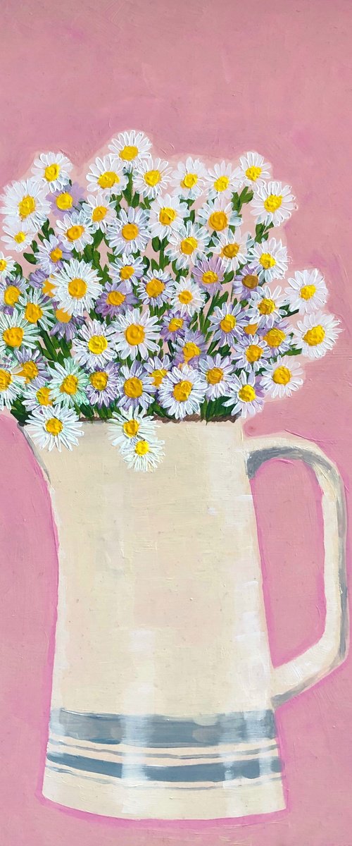 Daisies in vase on pink by Ihnatova Tetiana