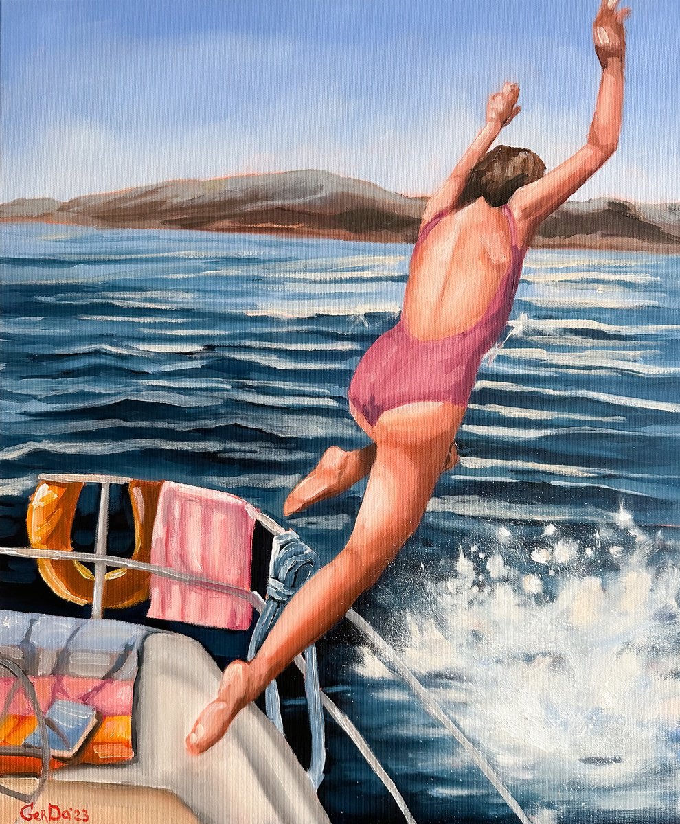 Impressionistic Landscape Oil Painting By Daria Gerasimova, 20 X 24, Diving From A Yacht, Original Artwork