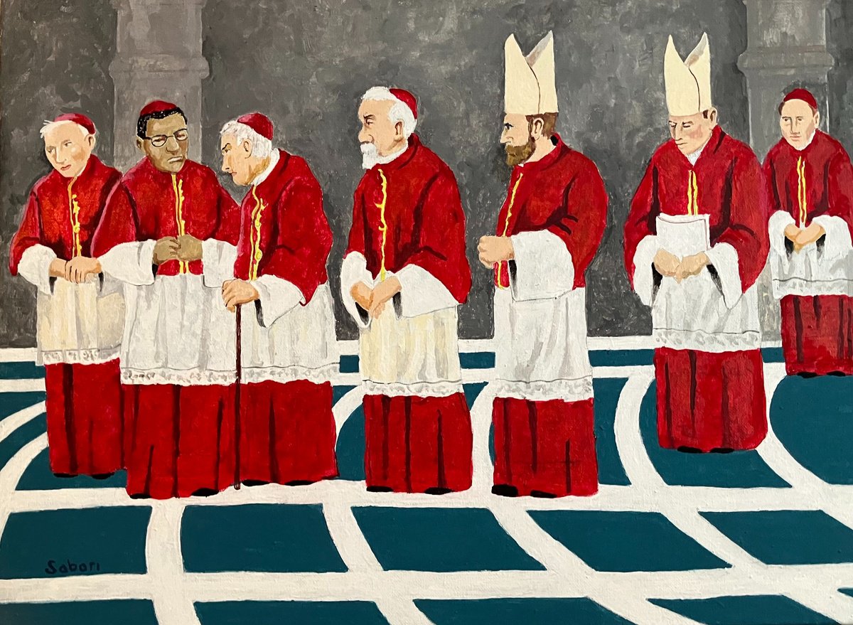 Portrait Acrylic Painting By Andrew Sabori, 24 X 18, Preparing For The Conclave, Original Artwork