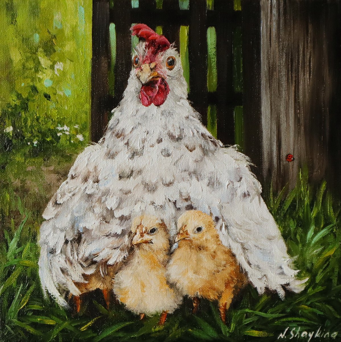 Photorealistic Botanical Oil Painting By Natalia Shaykina, 12 X 12", Mother Hen With Chicks, Cozy Scene, Original Artwork