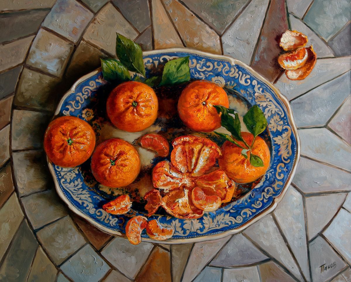 Tangerines on a blue plate by Eduard Panov