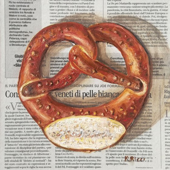 "Pretzel on Newspaper" Original Oil on Wooden Board Painting 8 by 8"(20x20cm)