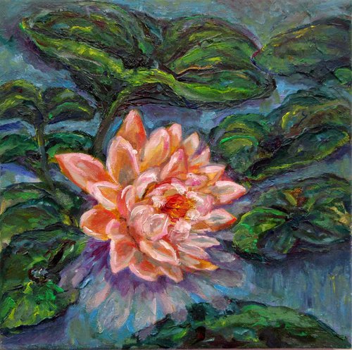 White Lotus Monet Style Original Oil on Canvas Artwork Waterlily Impressionism Minature Modern Floral Home Decor Fine Art/ Small Oil Painting 8x8in (20x20cm) Christmas Gift for Mother by Katia Ricci