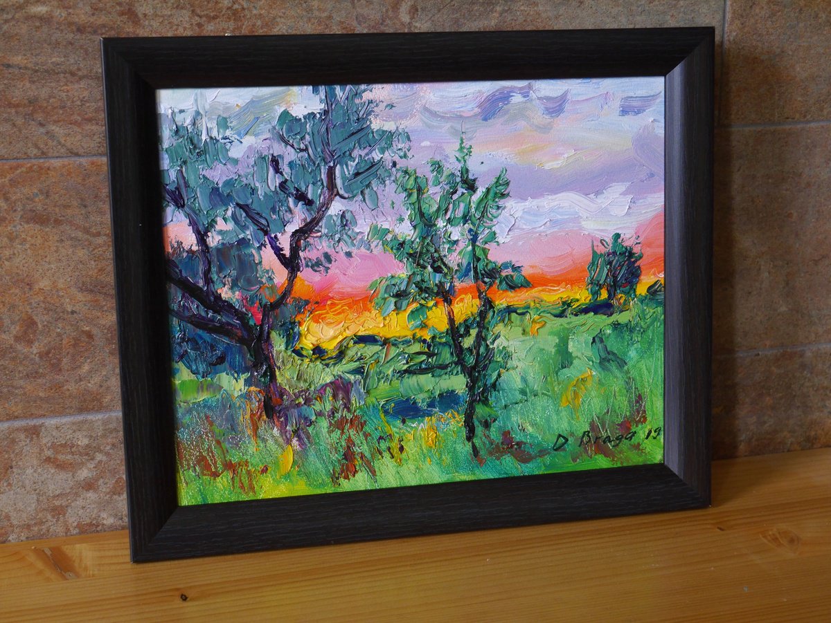 Expressive Landscape Oil Painting By Dima Braga, 14 X 11, Summer Sundown (Framed), Original Artwork