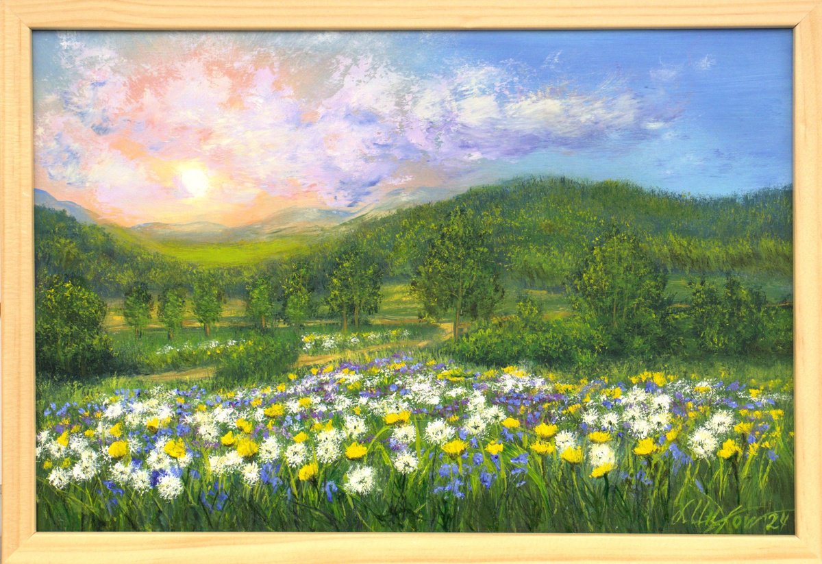 Impressionistic Landscape Oil Painting By Ludmilla Ukrow, 13 X 9", Dandelion Field, Original Artwork