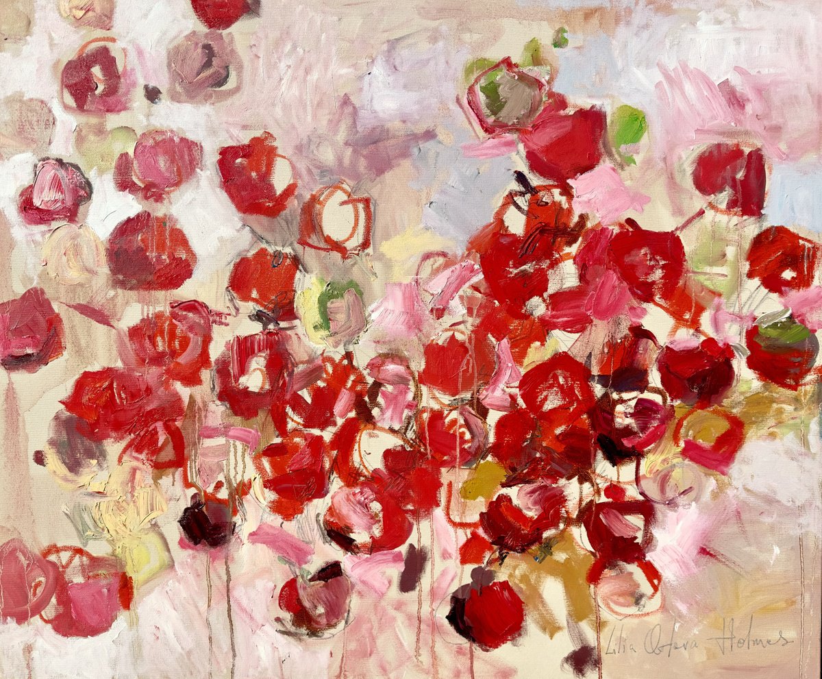 Expressive Abstract Oil Painting By Lilia Orlova-Holmes, 47 X 39", August. Red Apples., Original Artwork