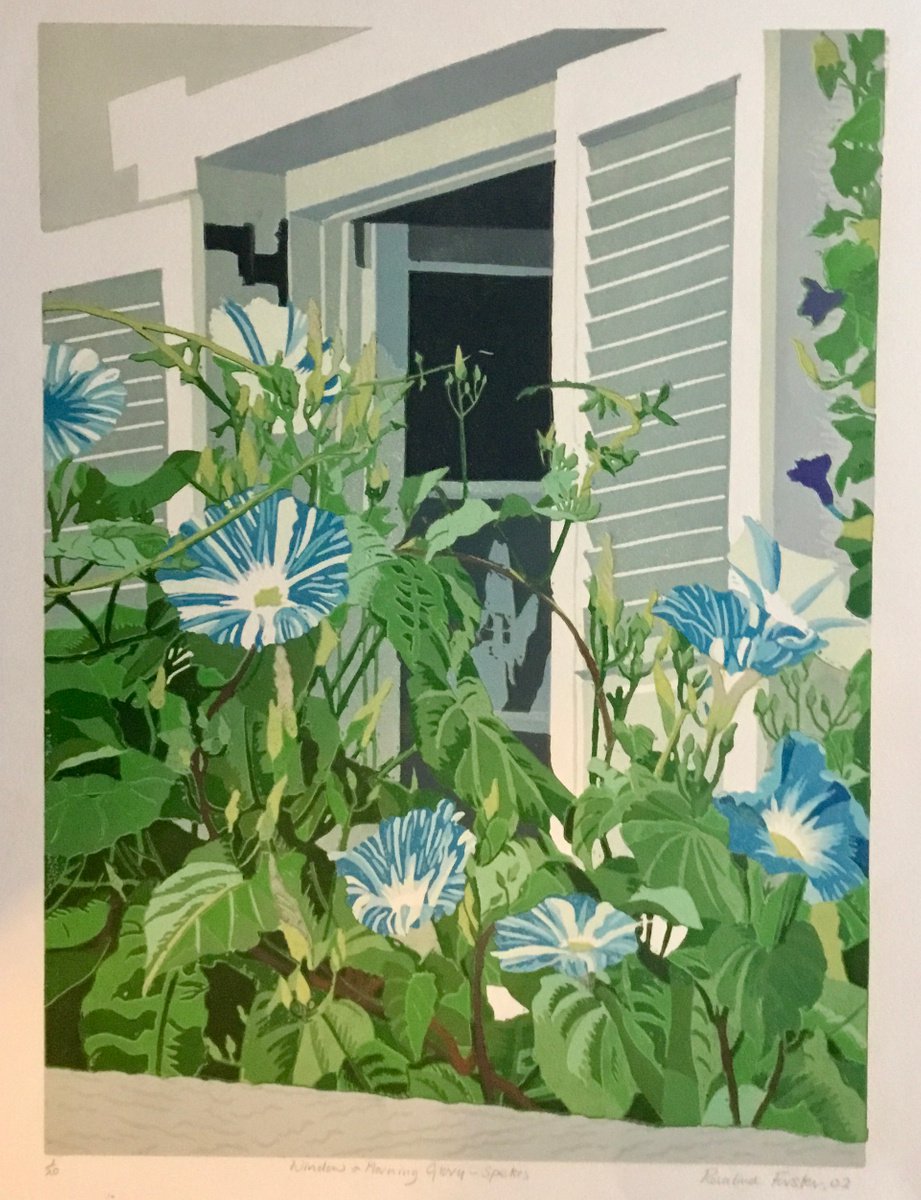 Botanical Linocut By Rosalind Forster, 15 X 20", Window And Morning Glory Spetses, Original Artwork