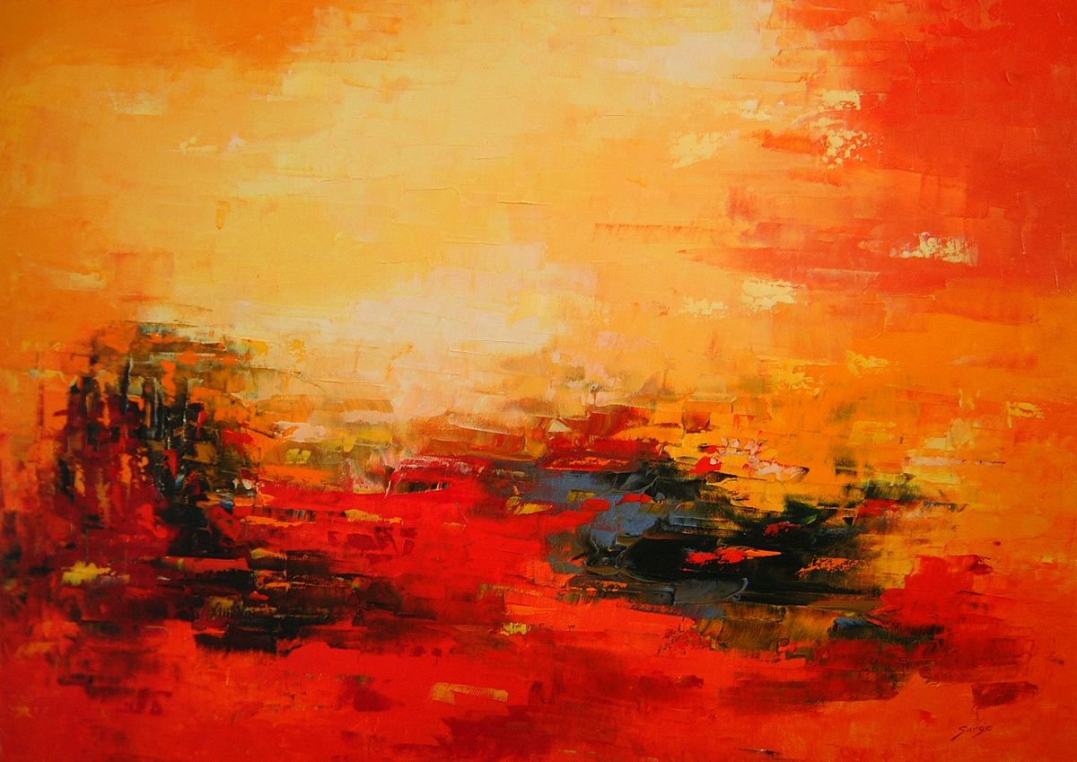 Abstract Landscape Oil Painting By Saroja Van Der Stegen, 27 X 20", Red Landscape (Ref#:891-15M), Original Artwork