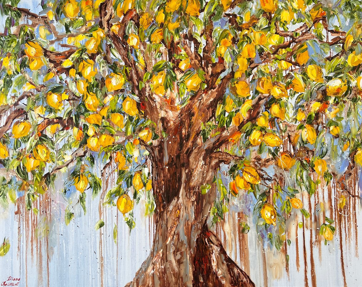 Impressionistic Botanical Oil Painting By Diana Malivani, 59 X 47, Lemon Trees, Original Artwork