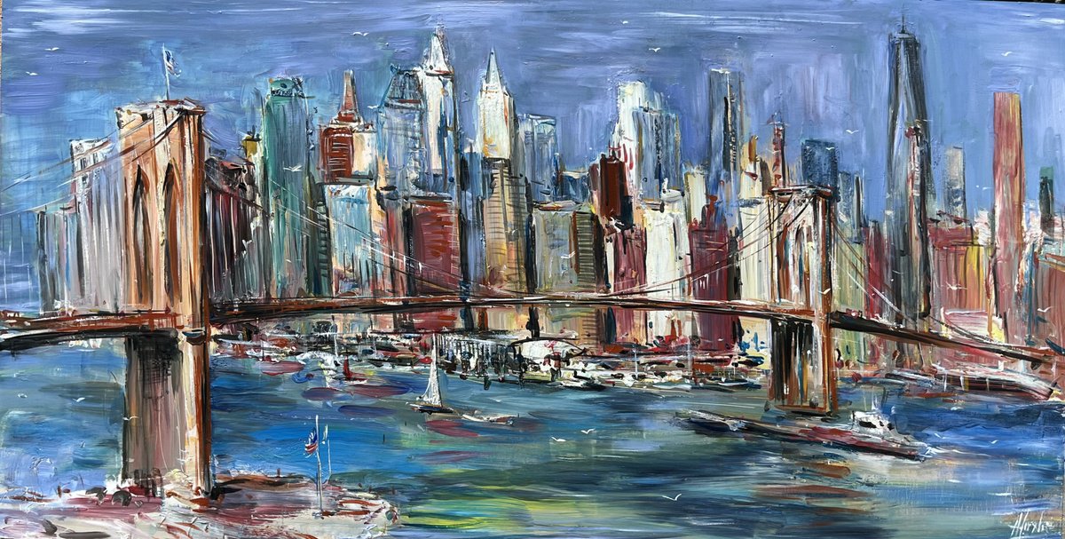 Abstract Acrylic Painting By Altin Furxhi, 53 X 28, Brooklyn Bridge, 70X135Cm, Original Artwork