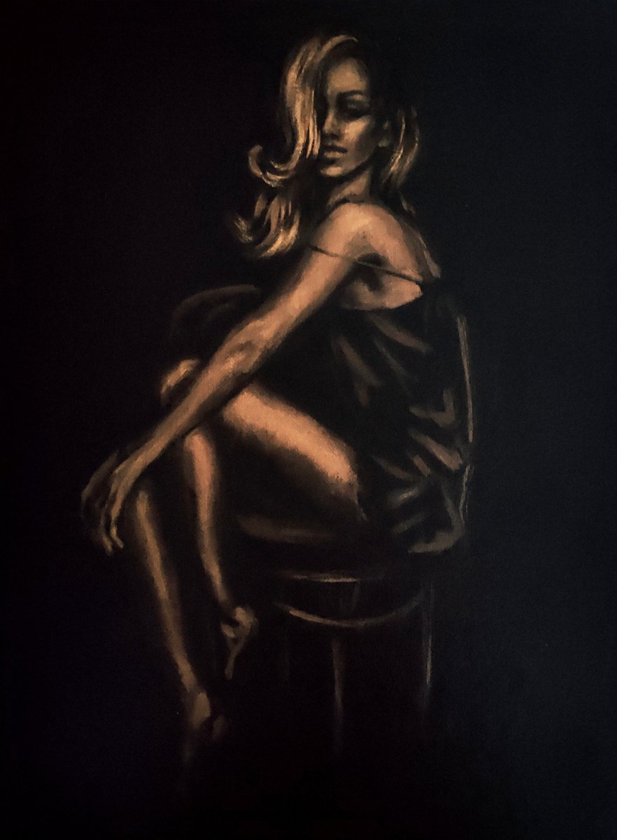Beautiful Woman Portrait Monochrome Art Romantic Black Gold Artwork by Anastasia Art Line