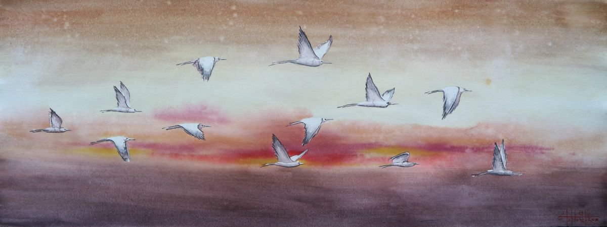 Birds (2019) Watercolor 30*84cm by Eugene Gorbachenko