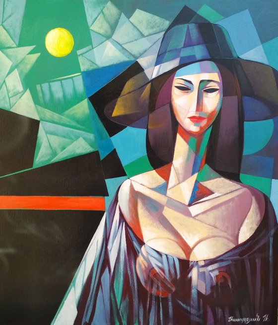 Full Moon (70x80cm, cubism, oil painting, ready to hang)