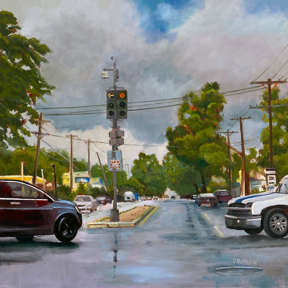 Photorealistic Landscape Oil Painting By Dennis Crayon, 16 X 16, Old Neighborhood, Original Artwork