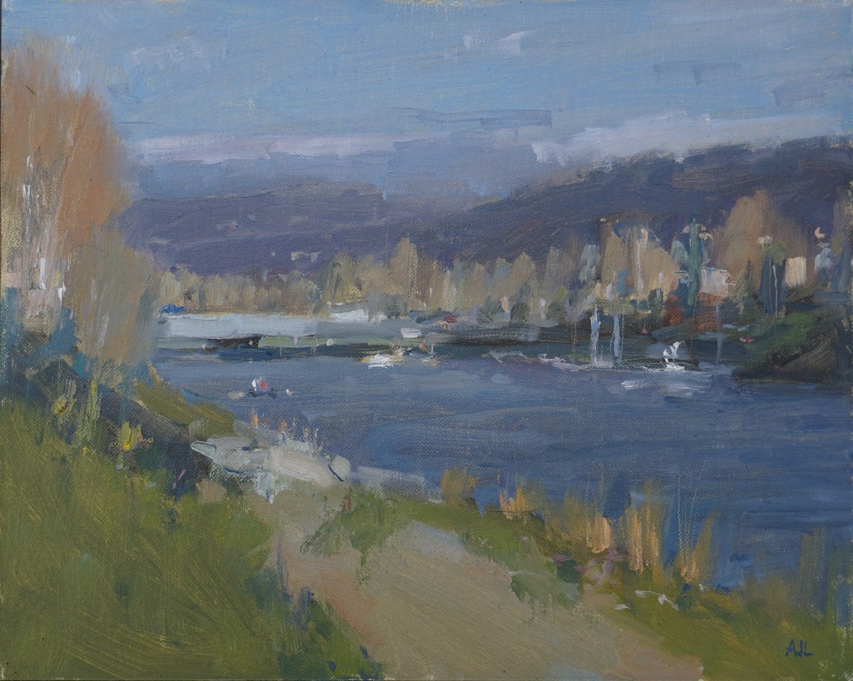 Impressionistic Landscape Oil Painting By Alex James Long, 12 X 9, Boats On The Arno, Original Artwork