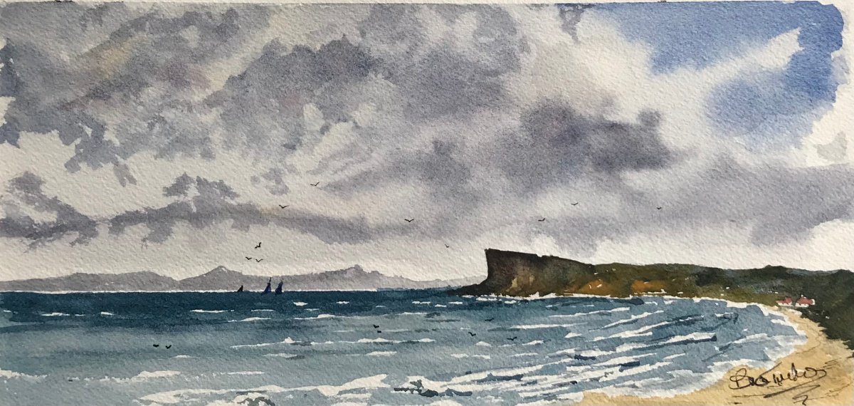 Impressionistic Landscape Watercolour By Brian Tucker, 11 X 5, Stormy Skies Over Fair Head, Original Artwork