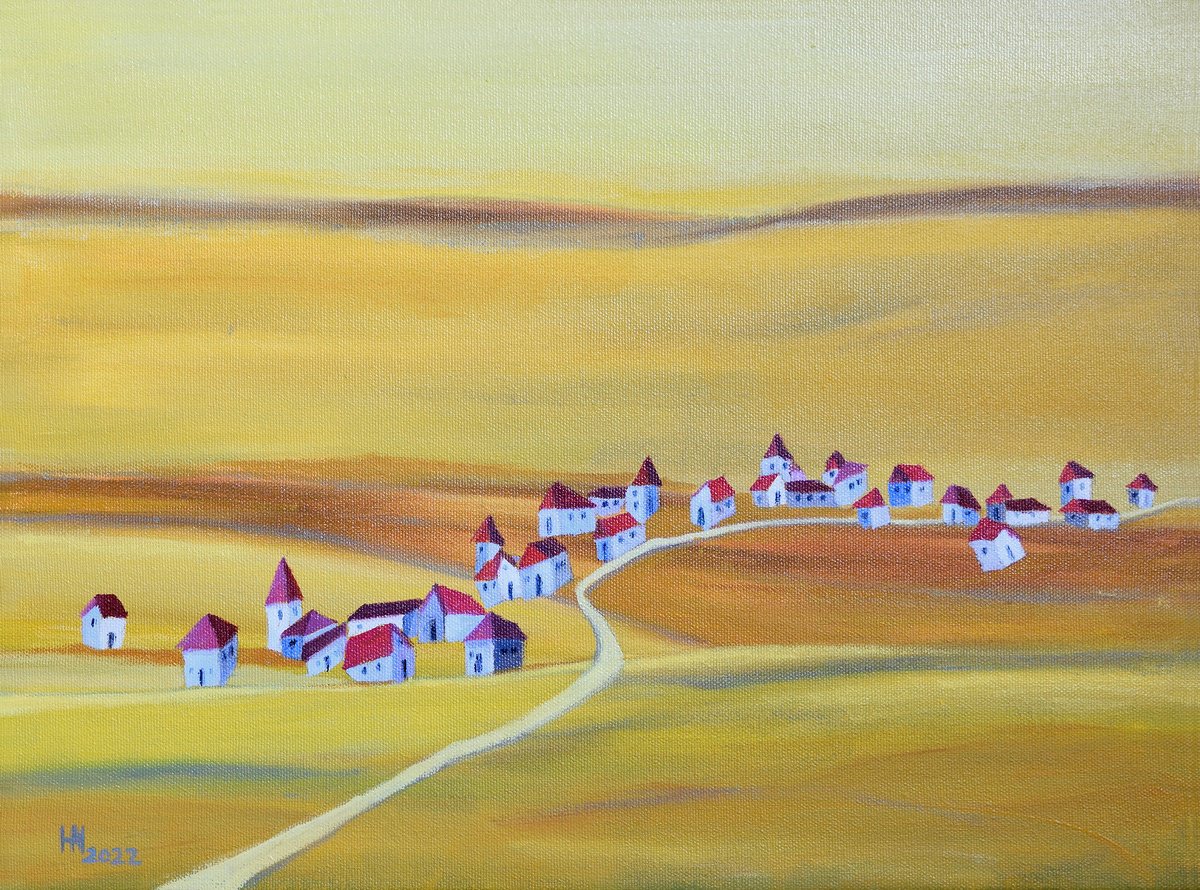 Organic Landscape Oil Painting By Aniko Hencz, 16 X 12, Village On Golden Fields, Original Artwork