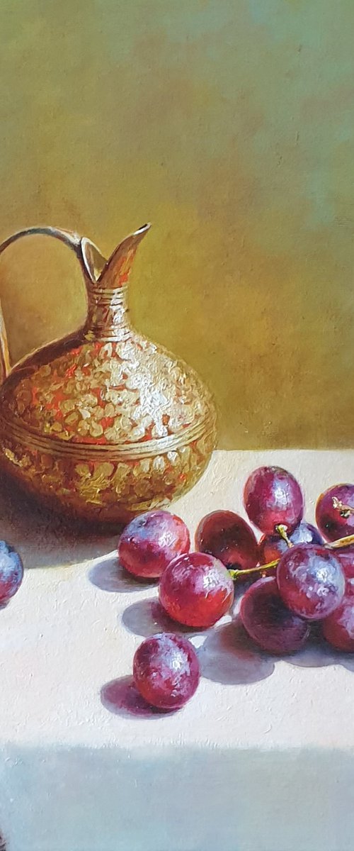 "Still life with grapes and an old brass jug." still life grapes old brass jug summer  liGHt original painting  GIFT (2020) by Anna Bessonova (Kotelnik)