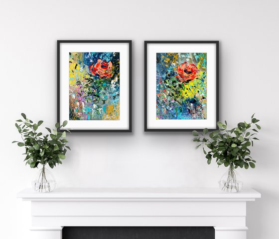 Symphony in Scarlet - Diptych Painting - Roses