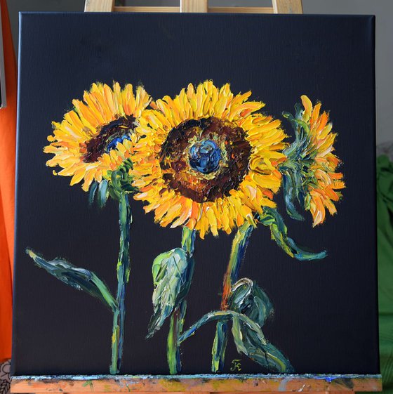 Palette knife impasto oil painting on canvas  Sunflowers