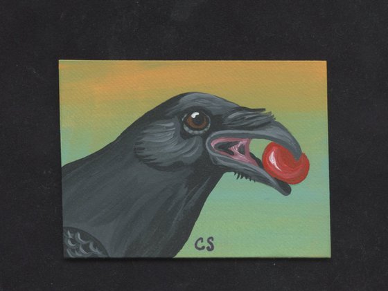 ACEO ATC Original Miniature Painting Crow Raven Bird Wildlife Art-Carla Smale