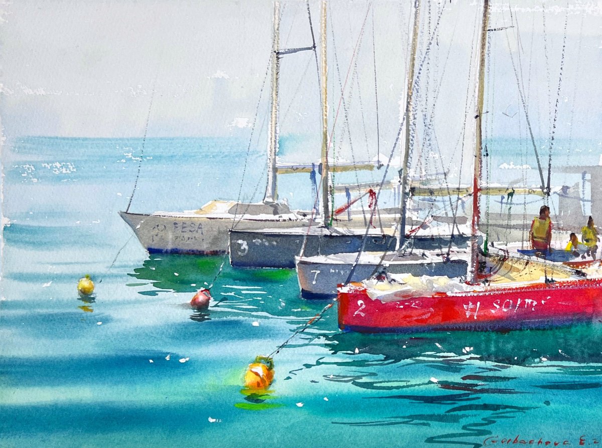 Impressionistic Watercolour , Boats On Blue Silence By Eugenia Gorbacheva, 15 X 11, Artwork For Sale On Artfinder