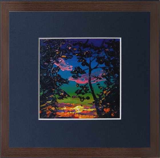 Sunset Miniature Acrylic Painting, Evening Scene Artwork, Sundown Sky in Colombia