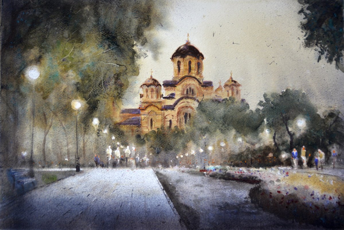 Cold Sunset at Tasmajdan and St Markos church Beograd 35x54cm 2024 by Nenad Kojic watercolorist