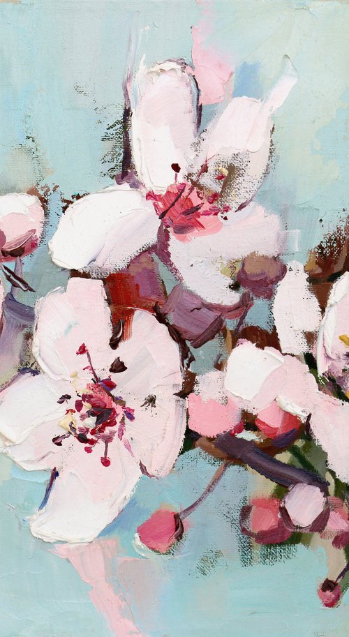 Cherry blooming - Floral art - Oil painting by Yuliia Meniailova