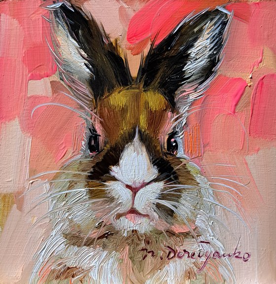 Beige white rabbit painting original pink backgroung art framed 4x4 inch, Bunny small painting oil rabbit artwork frame