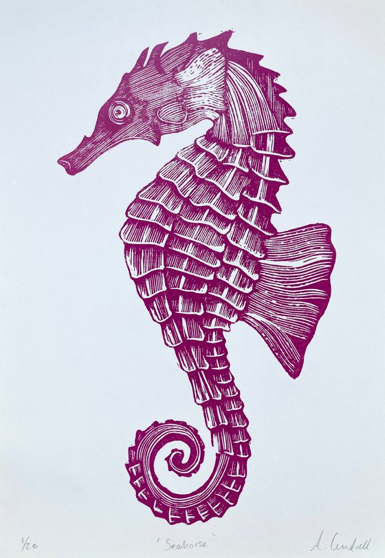 Pink Seahorse Linocut