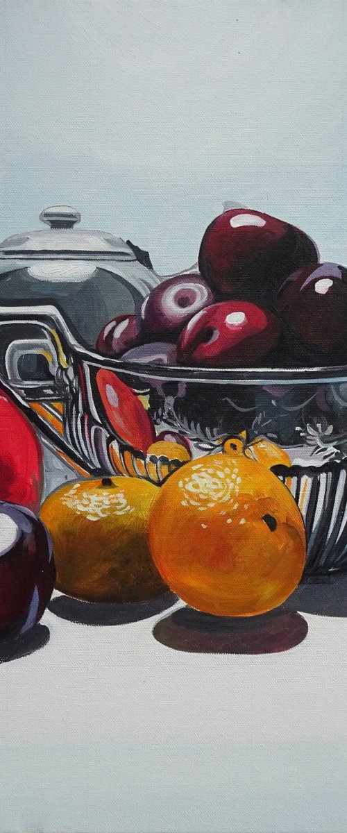 Still Life Silverware And Fruit by Joseph Lynch