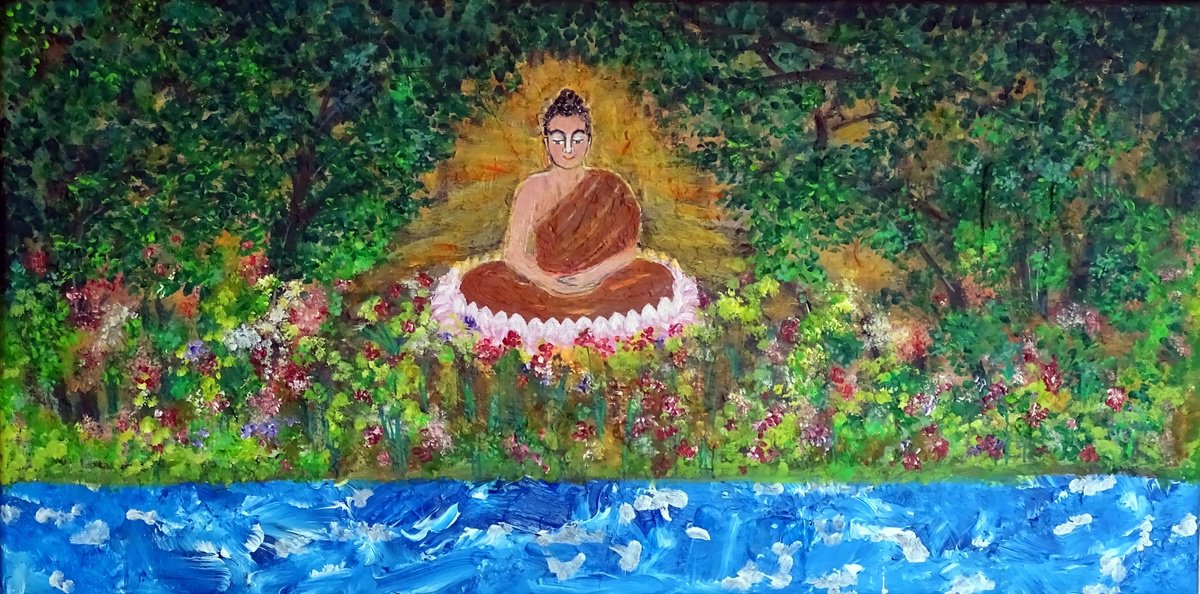 Buddha in forrest by the water by Conrad  Bloemers