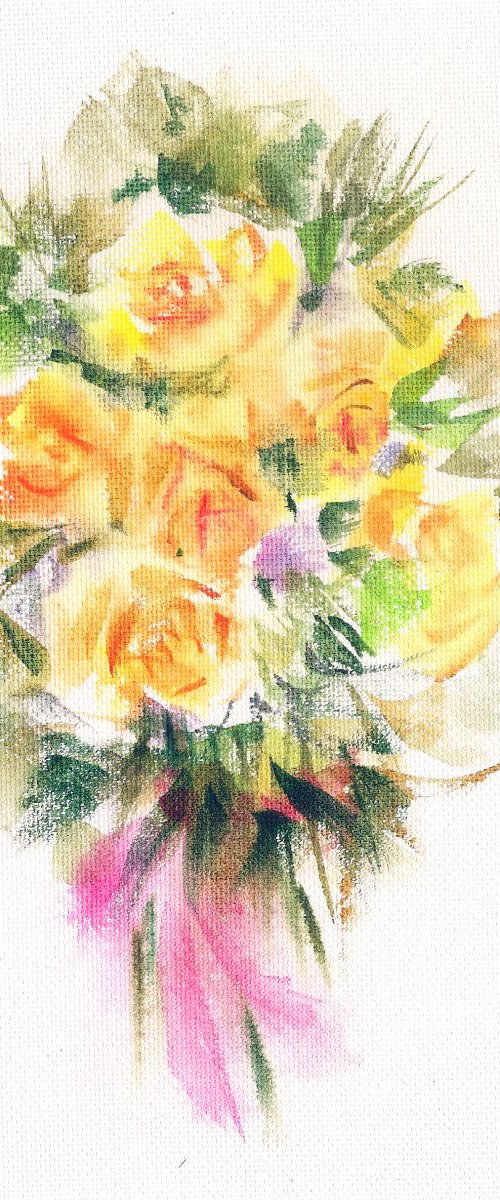 Yellow Spring Roses with a red bow by Asha Shenoy