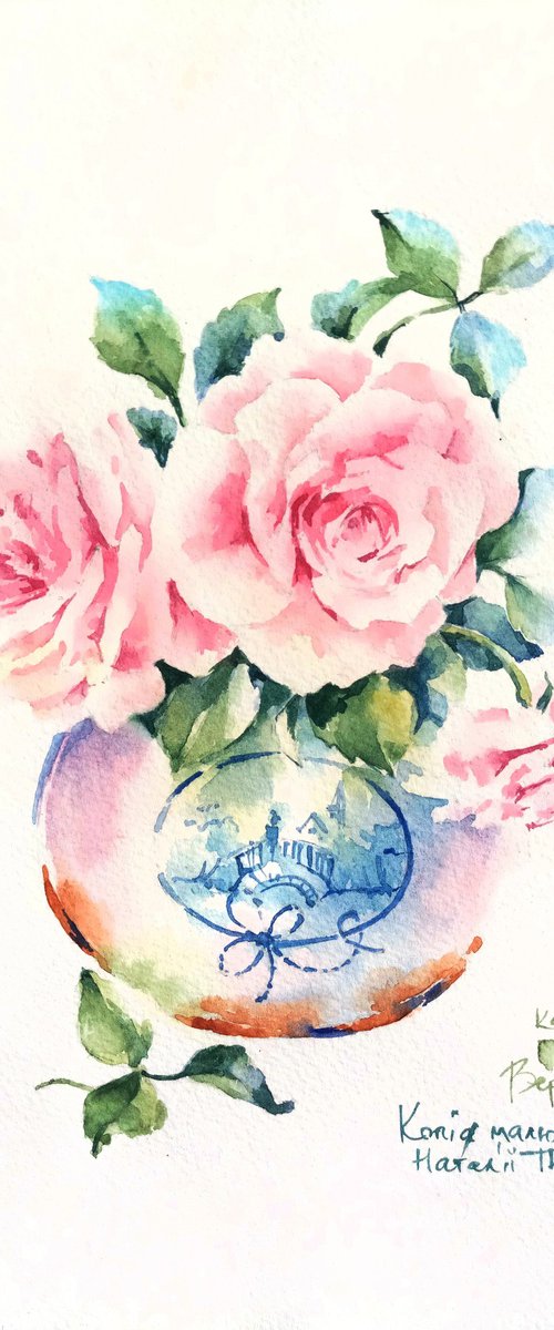 Still life "Bouquet of roses in an antique vase" original watercolor sketch by Ksenia Selianko