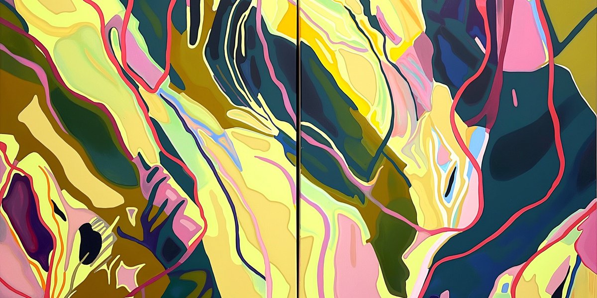 Abstract Acrylic Painting By V+V Kniazievi, 55 X 28", Traces Of Thoughts #2, Original Artwork