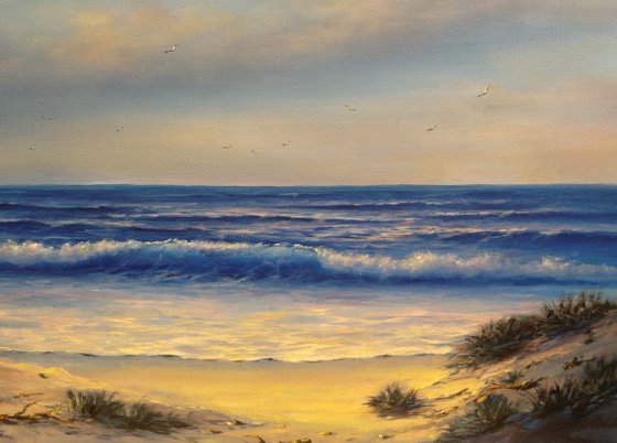 Wild Beach - seascape painting, coastal art, sunset, wave, sand