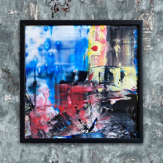 "Making A Mess Of Things" - Original PMS Abstract Acrylic Painting On Plexiglass, Framed - 26" x 26"