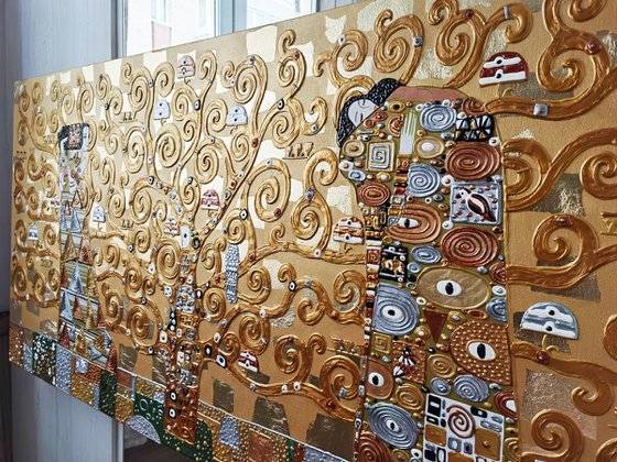 Tree of life Gustav Klimt. Large relief golden horizontal painting