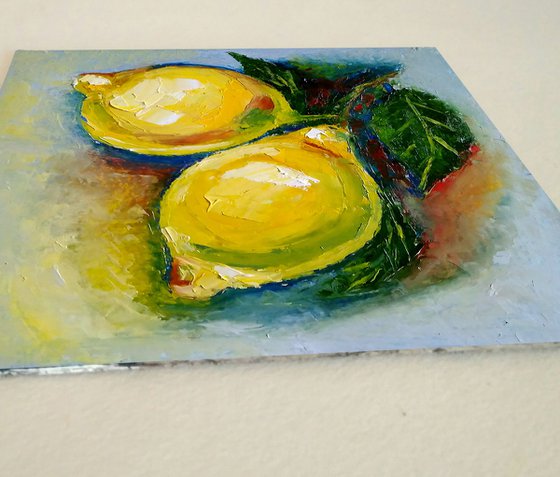 Lemon Painting Original Art Fruit Artwork Citrus Wall Art Small Square Kitchen Decor