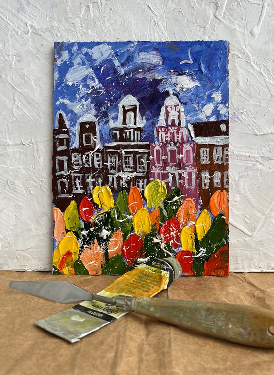 Amsterdam Painting Cityscape Original Art Tulips Impasto Artwork Floral Home Wall Art 6 by 8 by Halyna Kirichenko