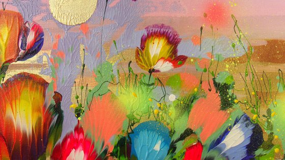 40" Summer flowers at sunset Large Painting