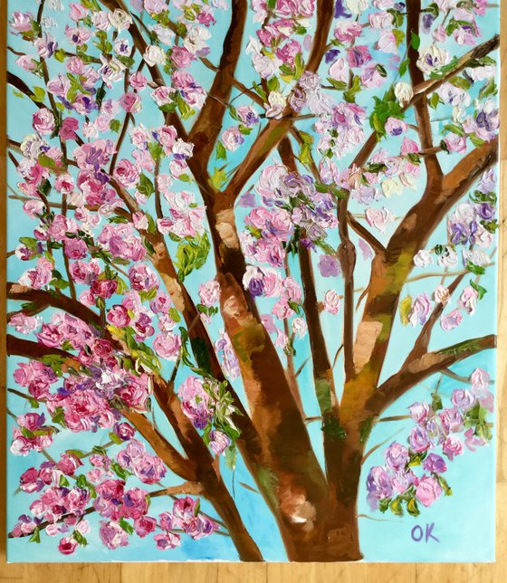 Apple blossom , spring in London pink, white, turquoise 61x71cm ready to hang oil painting