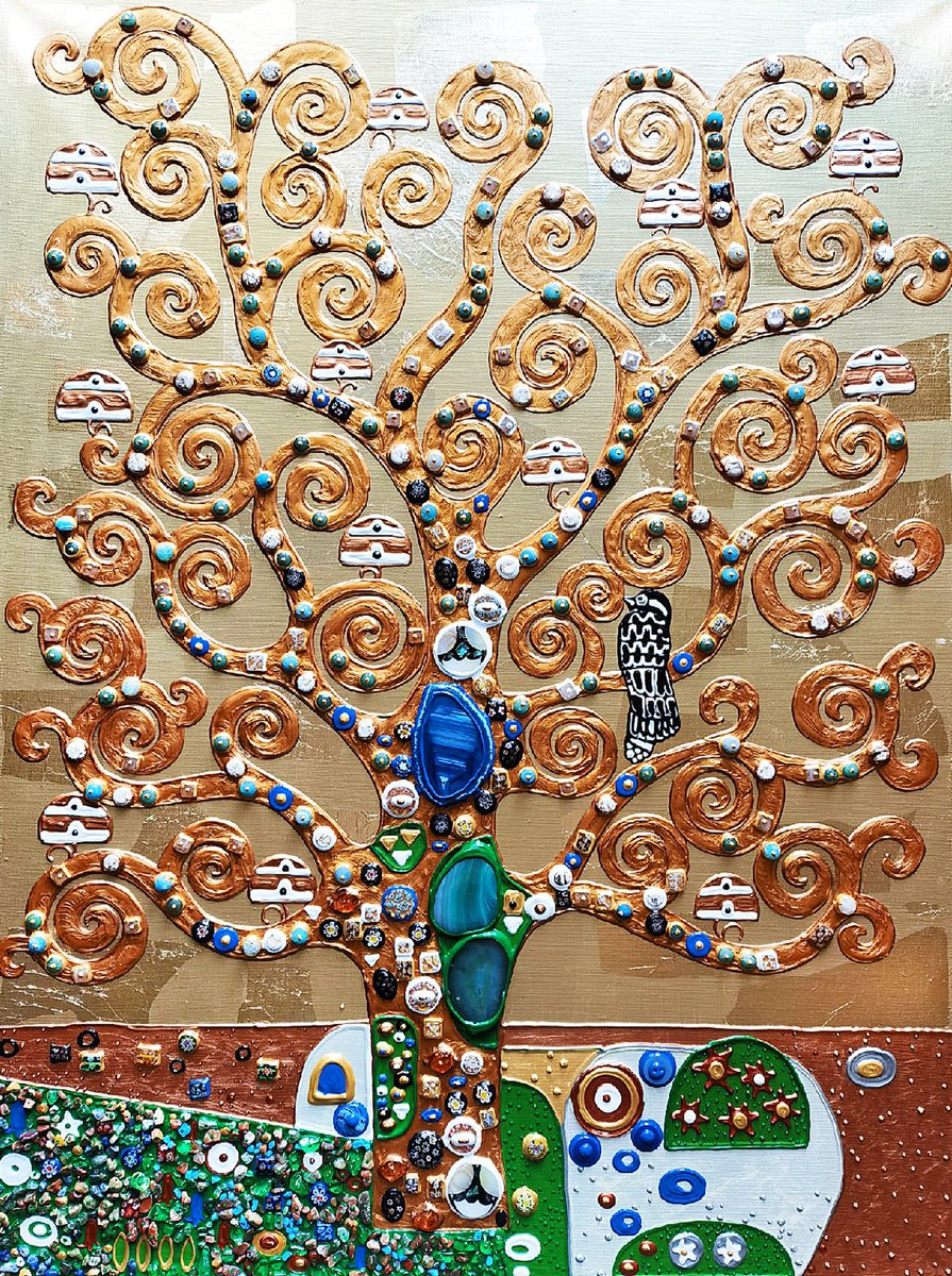 Tree of life Gustav Klimt. Large relief golden painting with precious stones by BAST