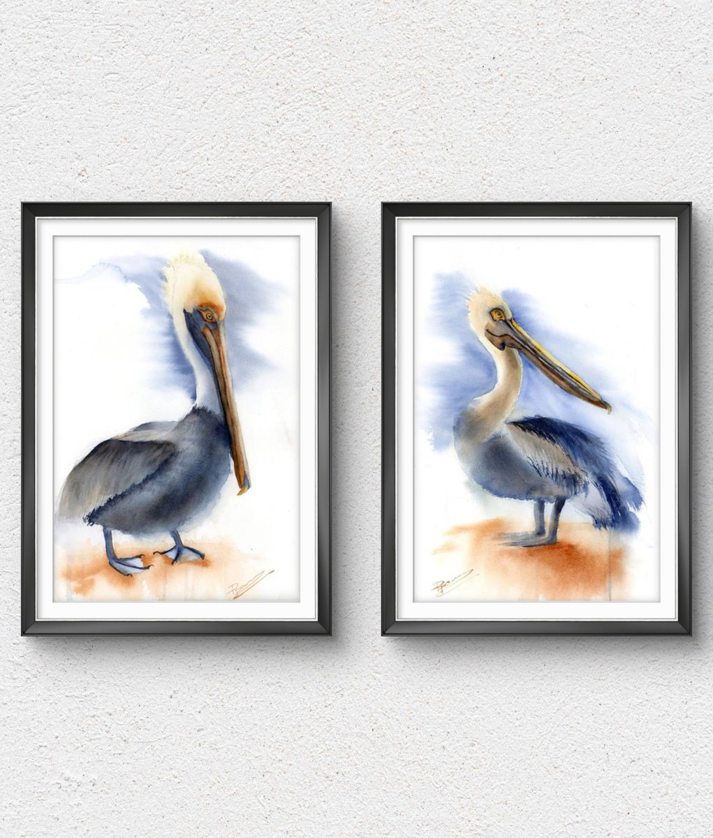 Illustrative Animal Watercolour By Olga Tchefranov (Shefranov), 20 X 14", Pelican - Diptych, Original Artwork