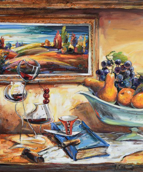 Wine Bottles, Pears, and Grape in Vase. by Shushanik Danilyants