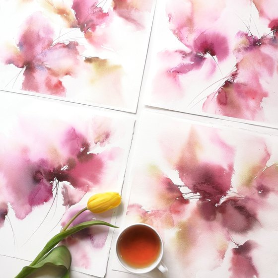 Abstract watercolor floral art, loose flowers Spring