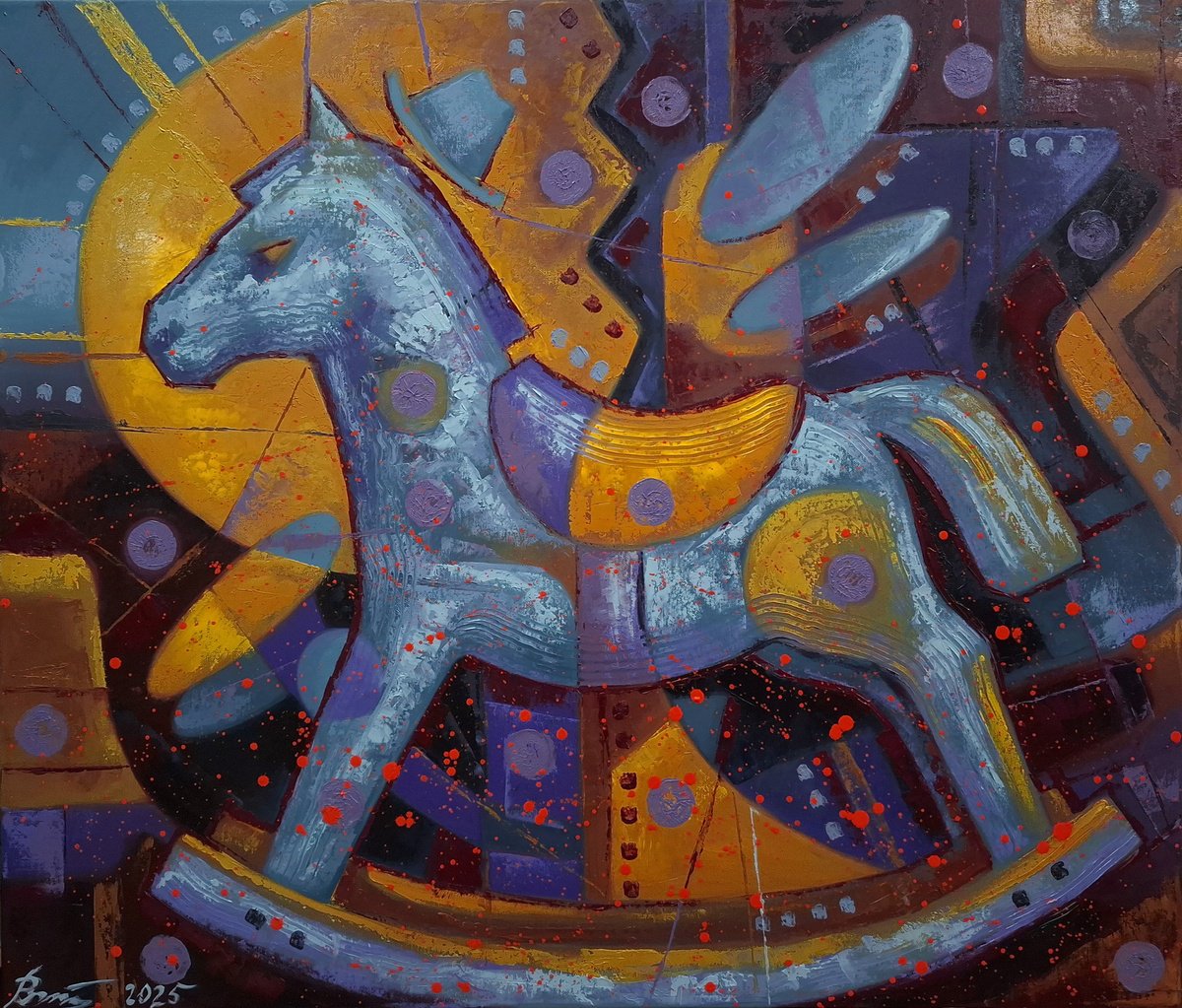 Urban And Pop Animal Oil Painting By Serhii Voichenko, 27 X 24", Rocking Horse, Original Artwork