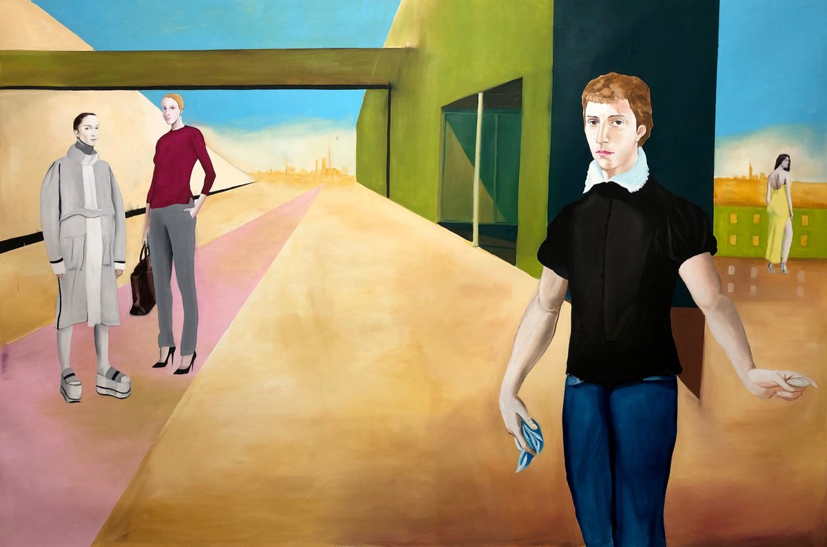 Urban And Pop Portrait Oil Painting By Kujbus Janos, 79 X 53", Street, Original Artwork