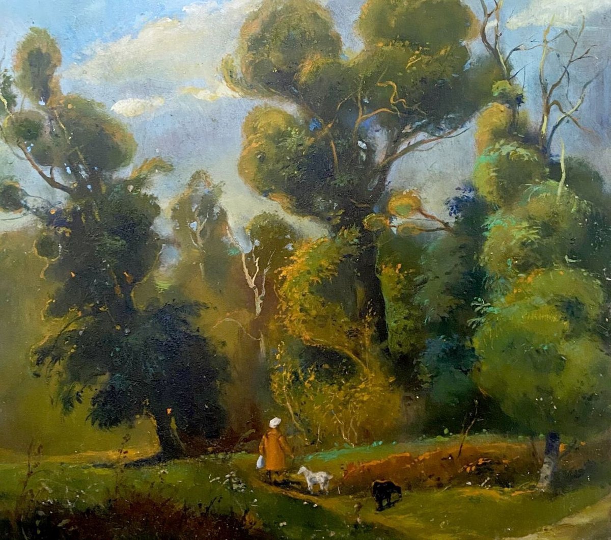 Impressionistic Landscape Oil Painting By Oleg And Alexander Litvinov, 15 X 17", Aunt Masha And The Goats, Original Artwork